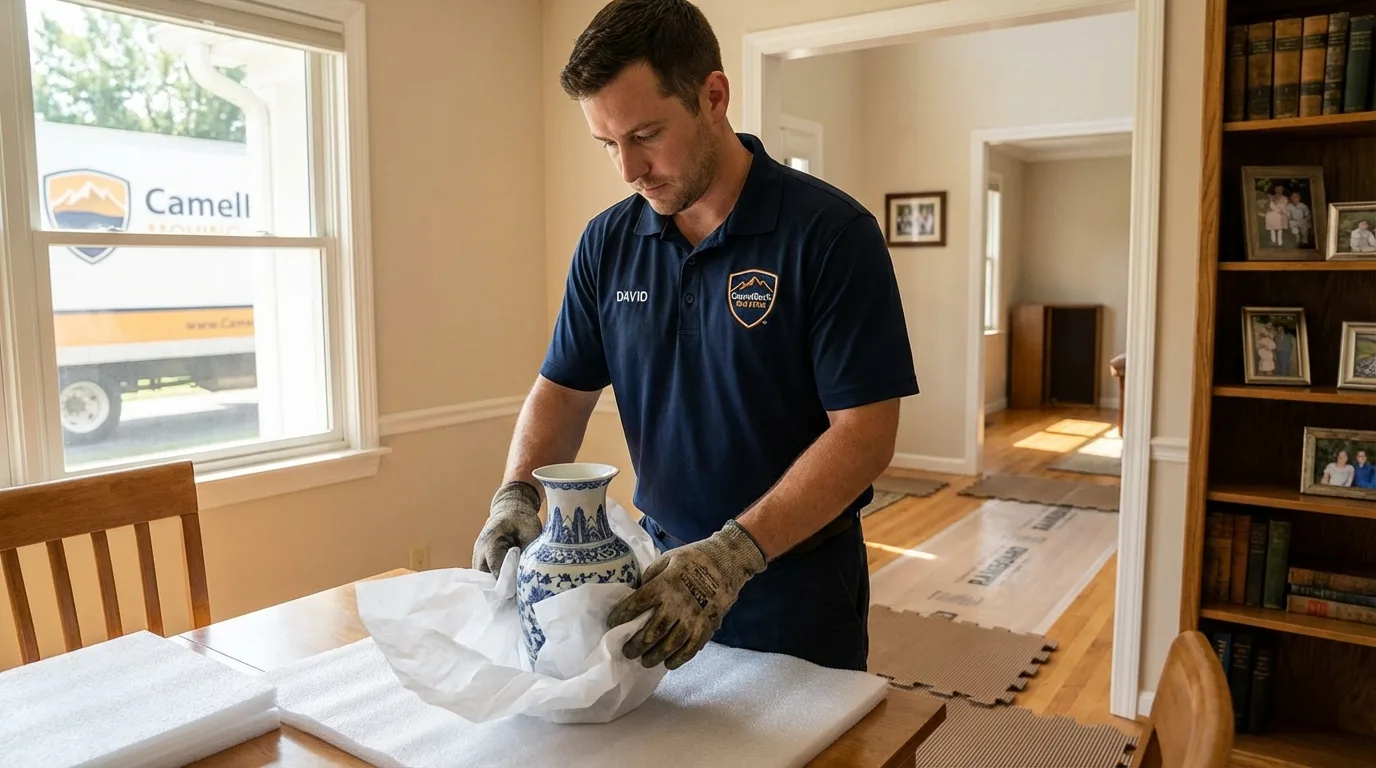 Professional crew carefully wrapping antique vase for senior downsizing move in Hernando, FL